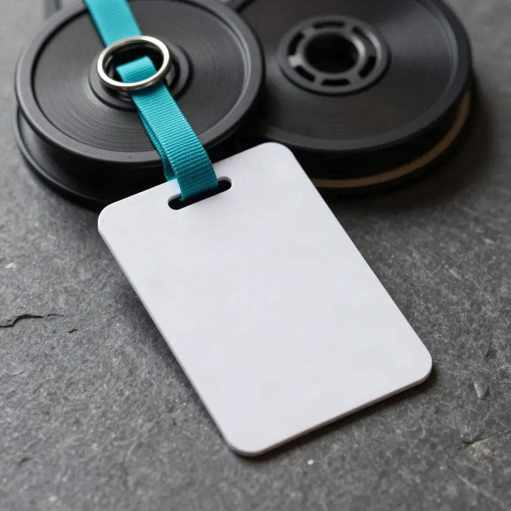 Blankt RFID-kort halvvägs i en svart badge reel med liten clip på grafityta.
