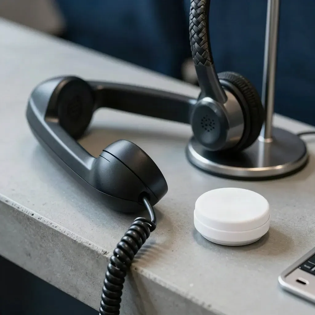 Närbild av telefonsladd, headsetställ och vit samtalspuck på grå konsol.
