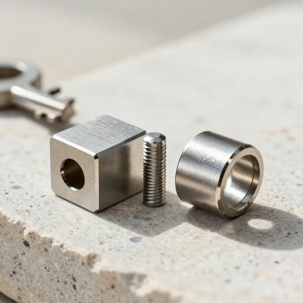 Modulärt aluminiumblock med pin och kopplingsring på ljus kalksten, makro i grå toner.